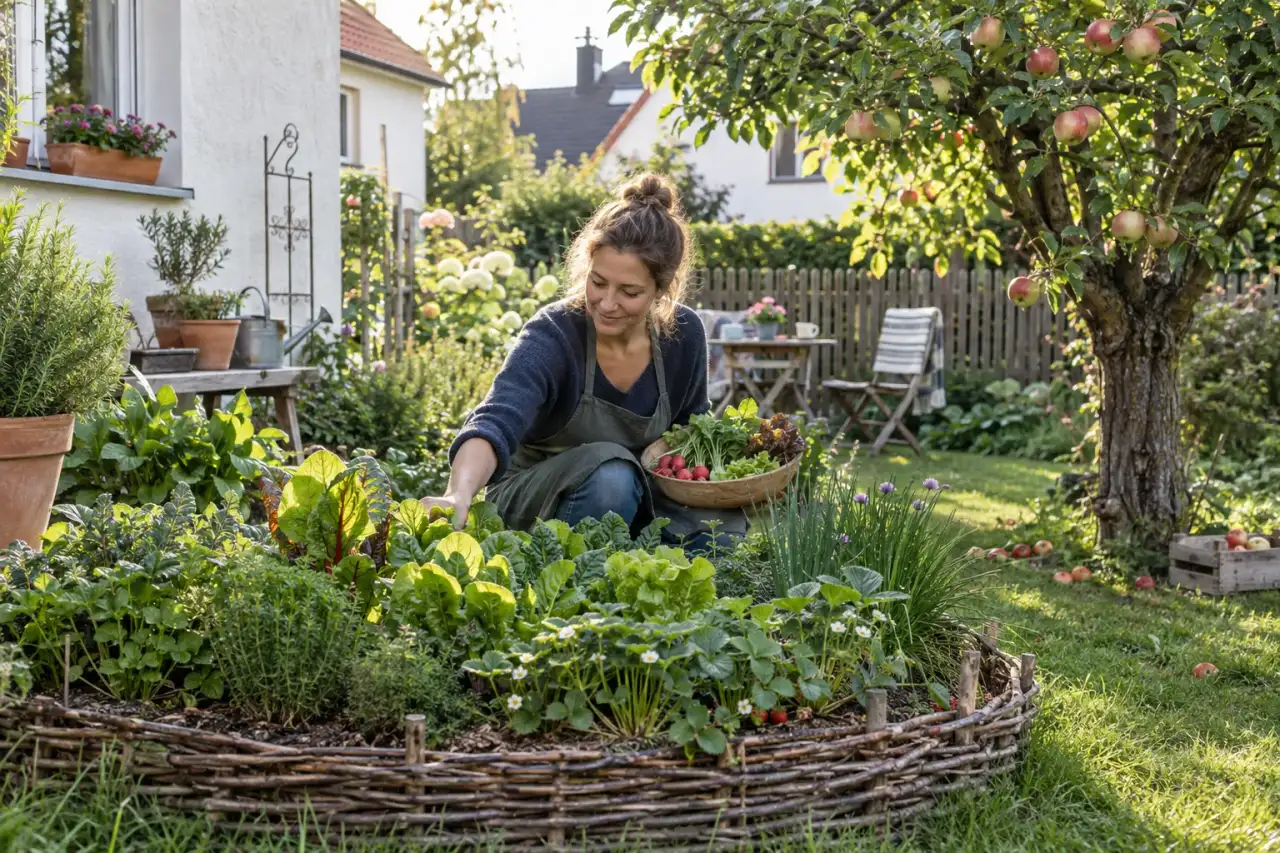 Vielfältige Beetkombination mit Salat, Erdbeeren und Kräutern im Garten.