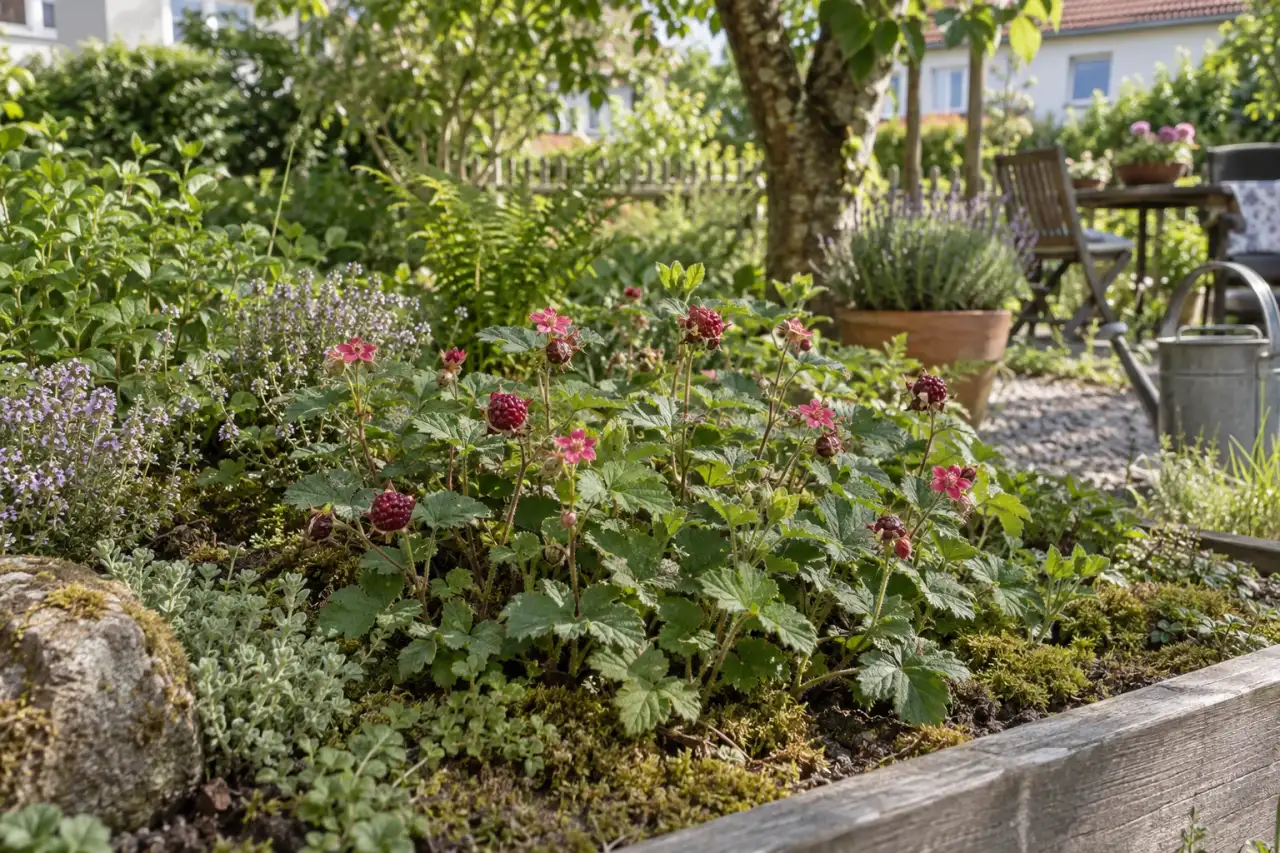 Arktische Himbeere in einem vielfältigen Gartenbeet.