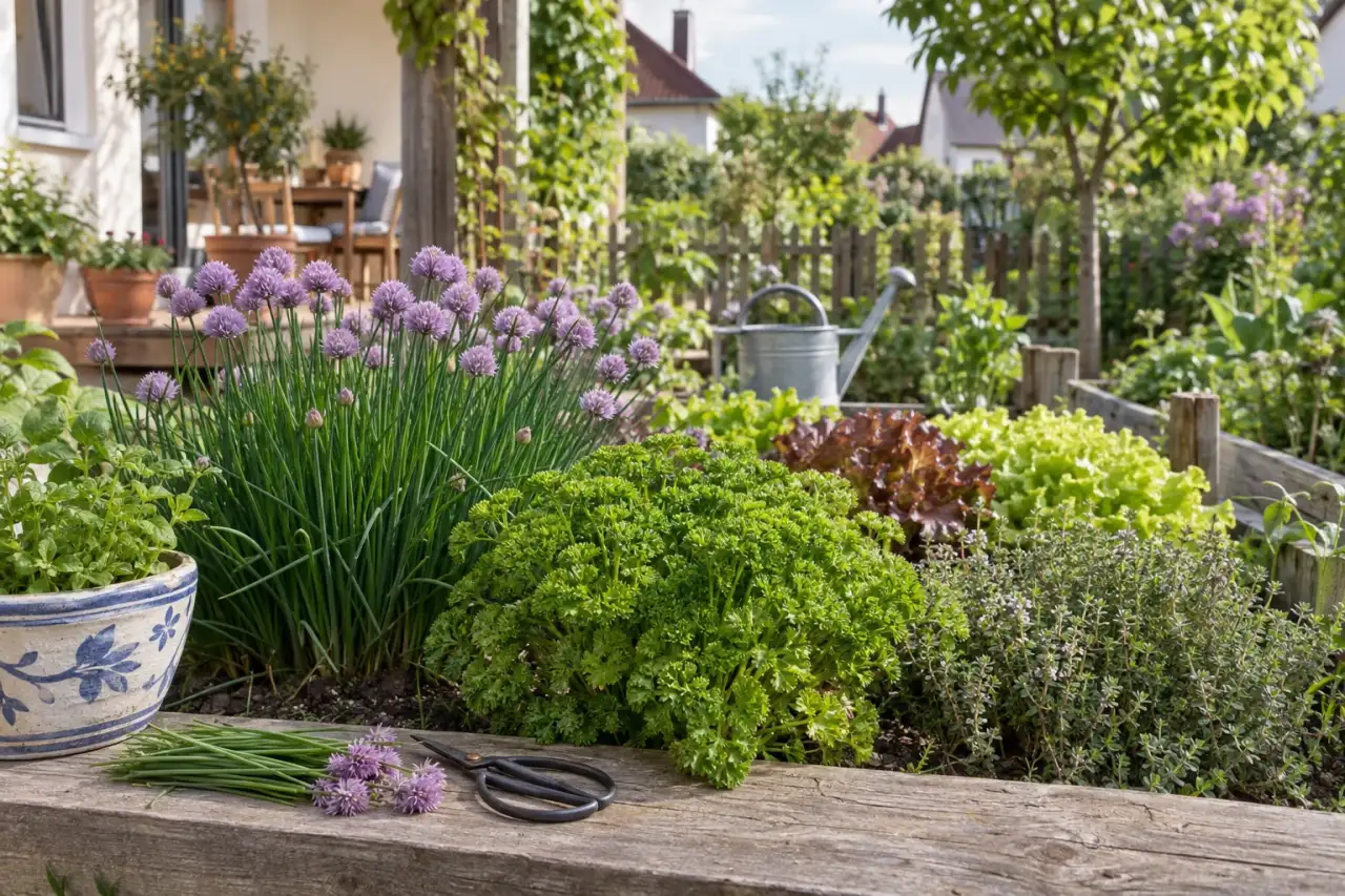 Kräuter verbinden Salatbeet und Sitzplatz im Garten.