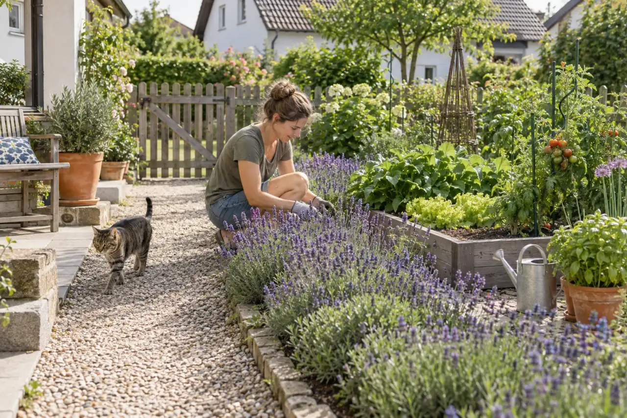 Lavendel bildet eine blühende Kante am Gartenweg.