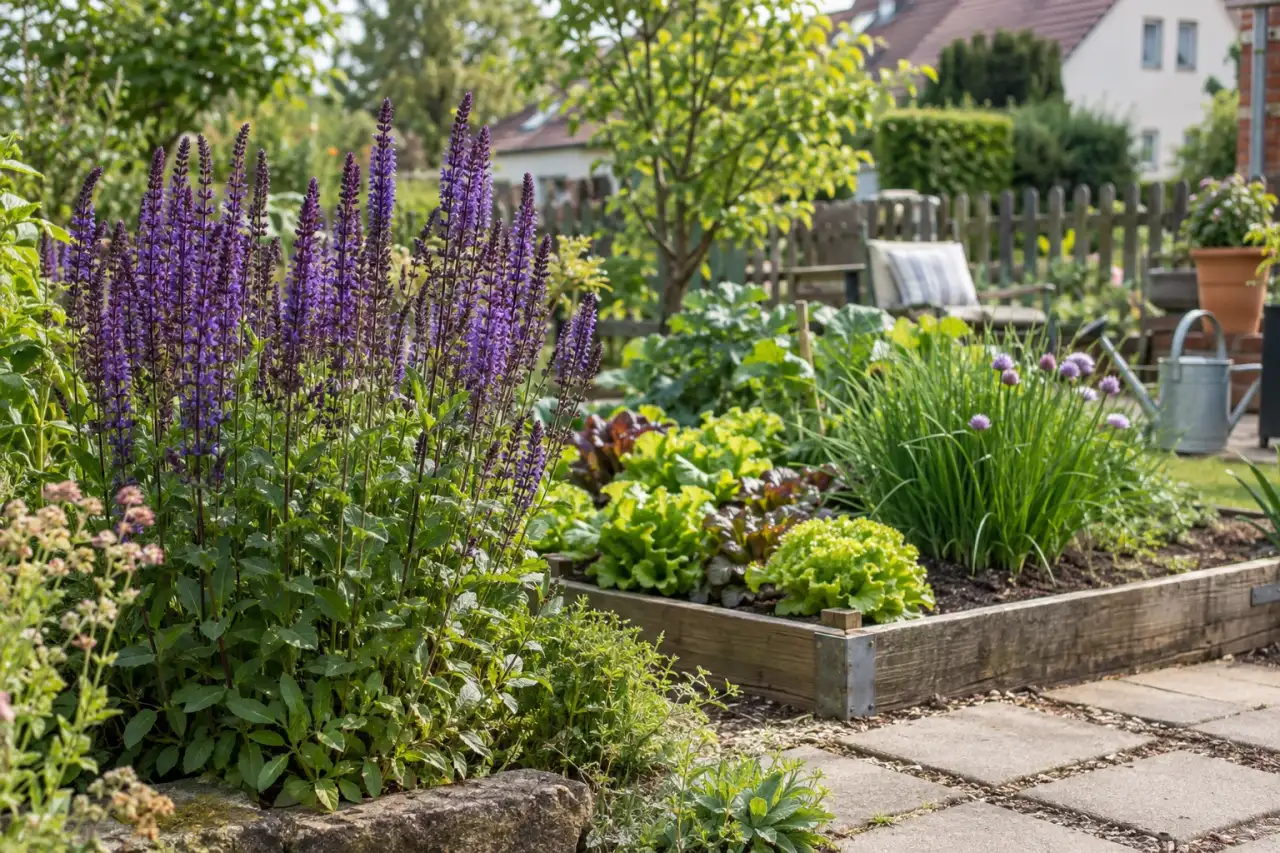 Steppensalbei mit violetten Blüten neben einem Gemüsebeet.