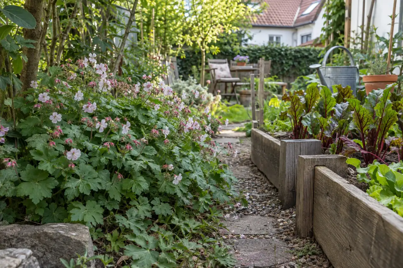 Storchschnabel füllt den Übergang am Gemüsebeet.