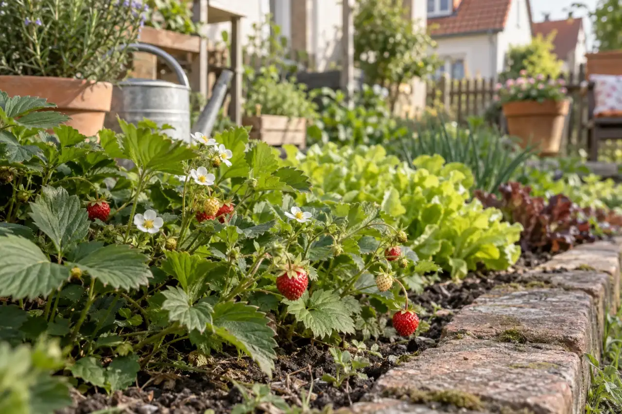 Walderdbeeren mit Blüten und Früchten am Beet||||