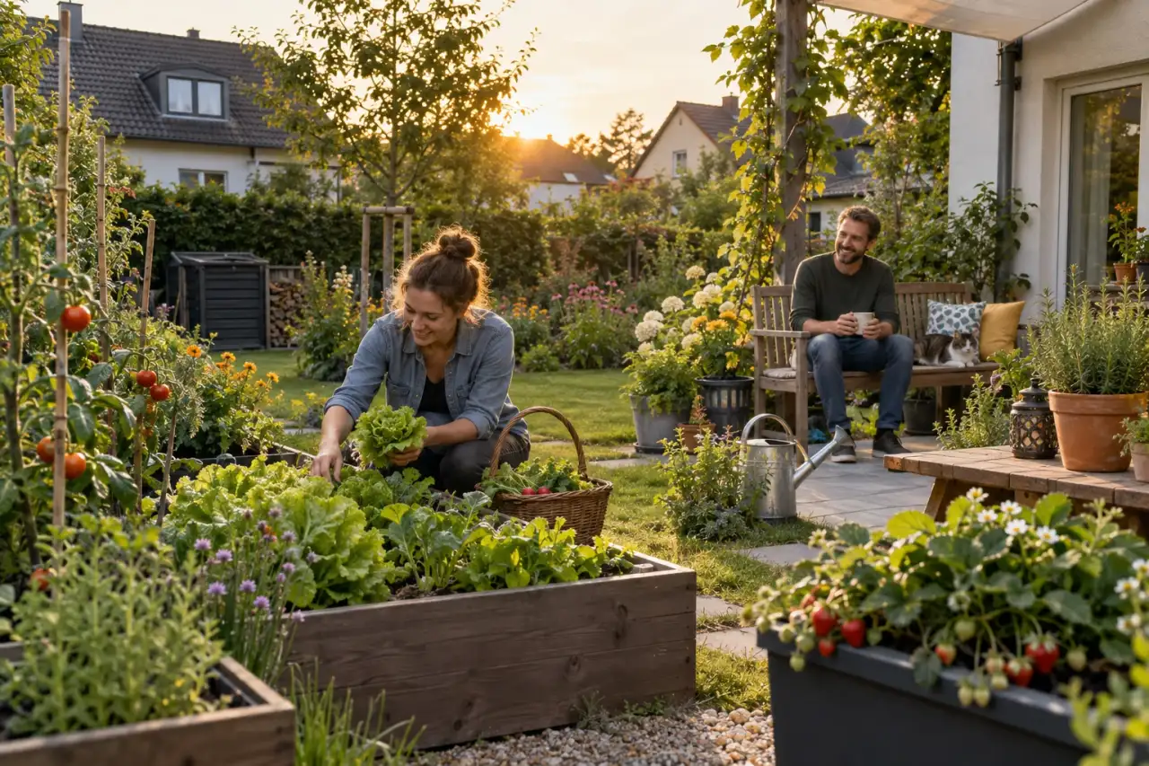 Lebendiger Nutzgarten mit Beeten, Gefäßen, Erdbeeren und eingebundener Kompostecke.