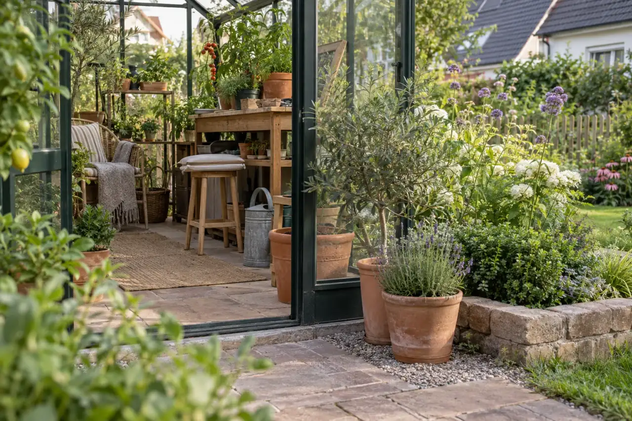 Holz und Terrakotta verbinden bepflanzten Innenraum und Garten.