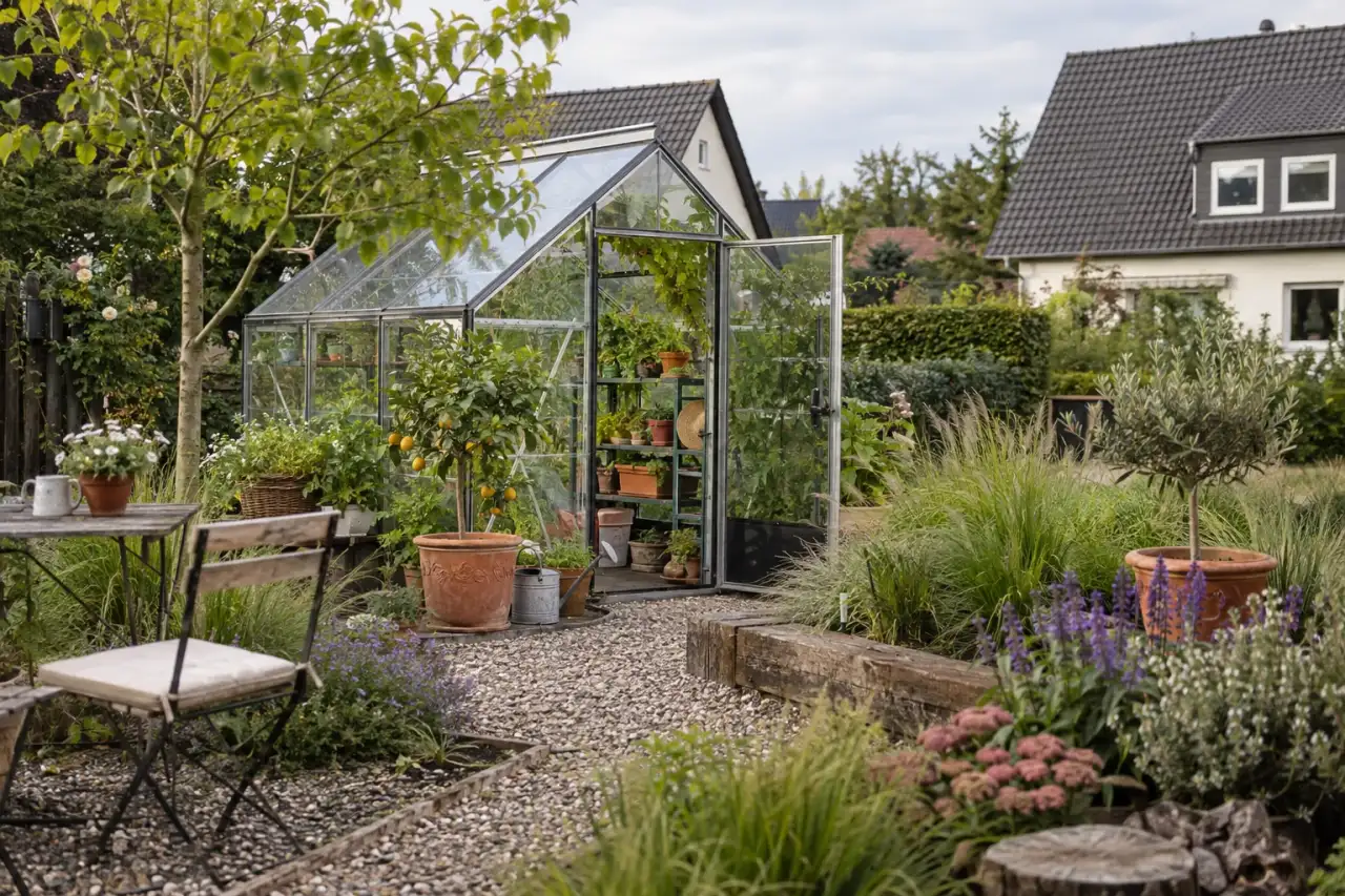 Naturnah eingebundenes Gewächshaus mit Gräsern und Kies.