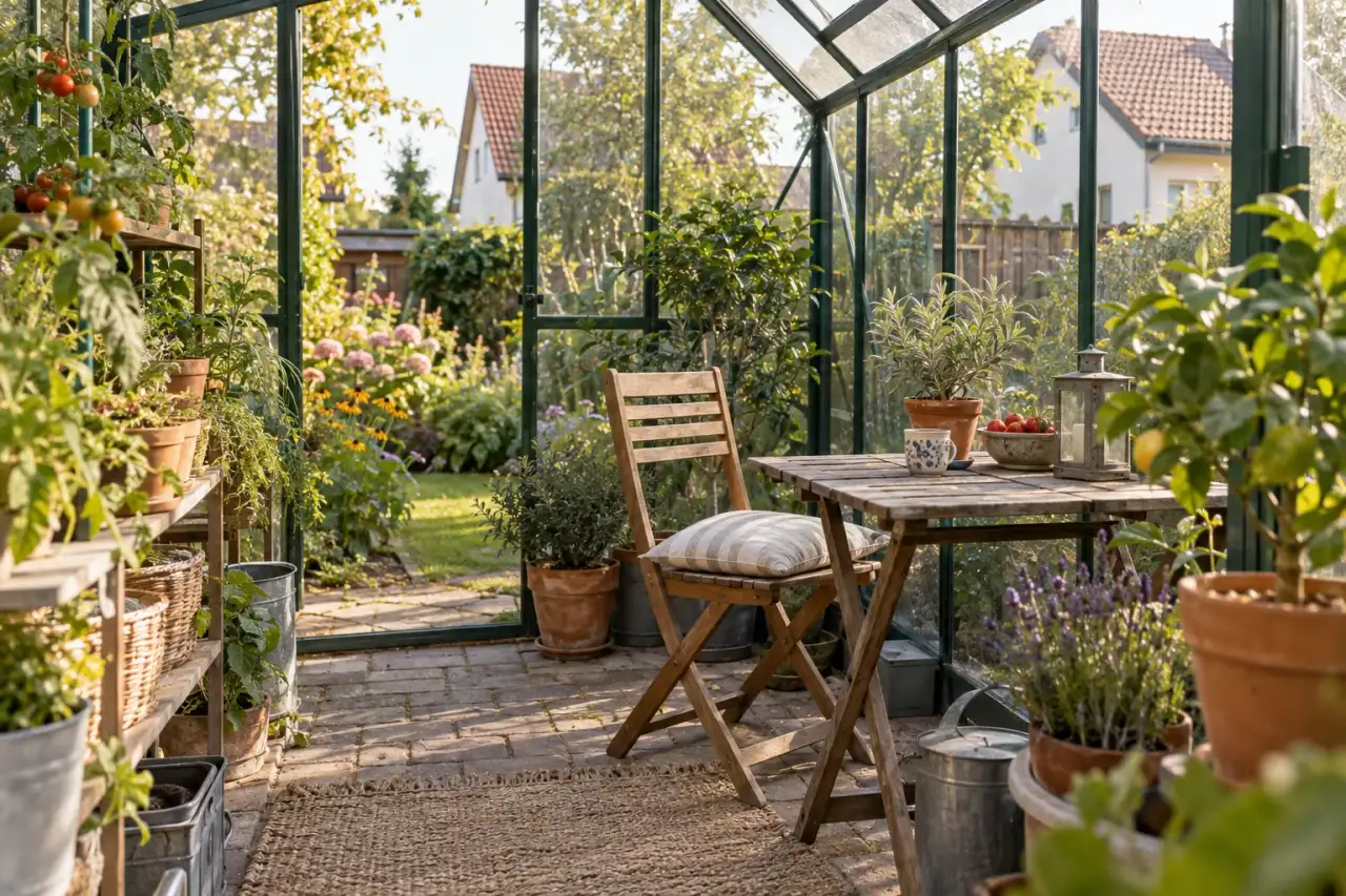 Warme wohnliche Gartenecke mit Stuhl und Pflanzen.