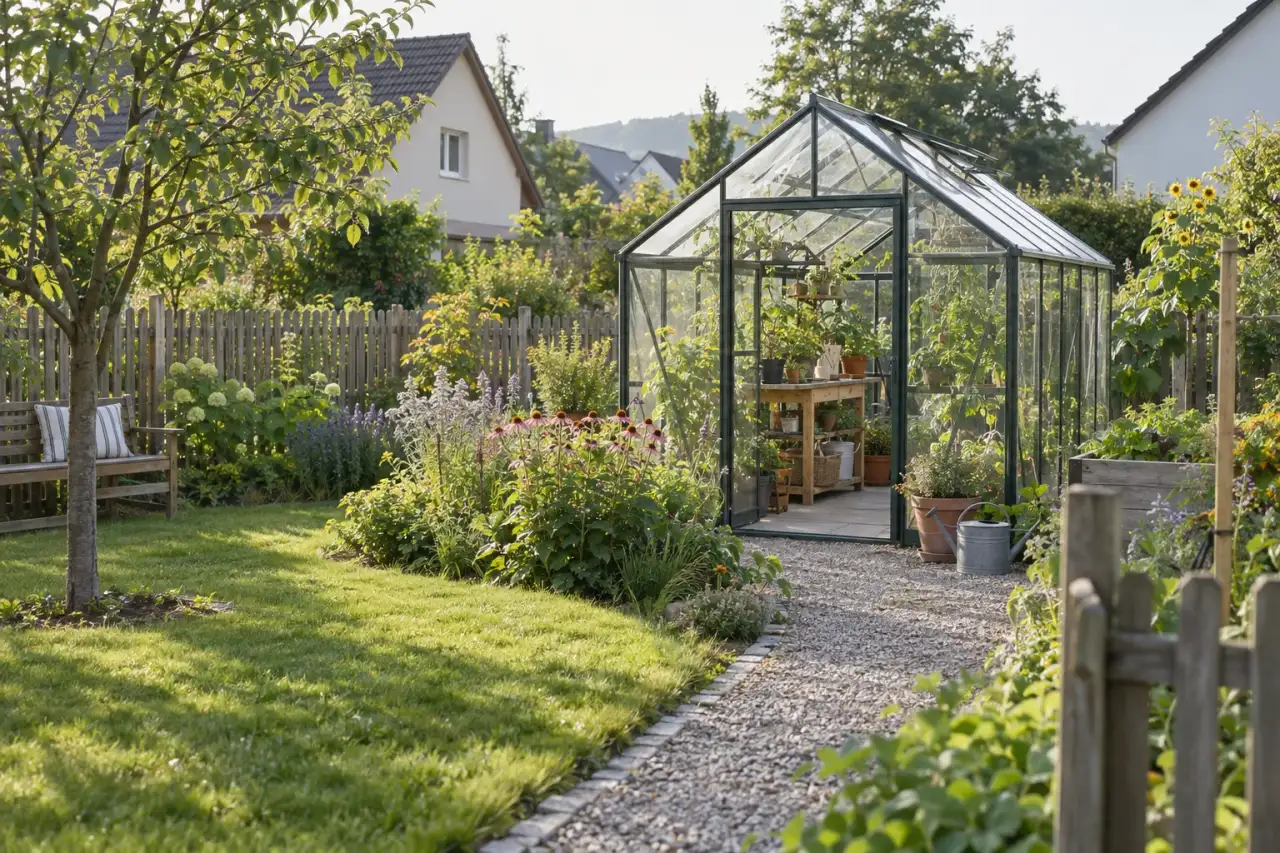 Freistehendes Gewächshaus mit Weg, Beeten und sichtbarer Innenbepflanzung.