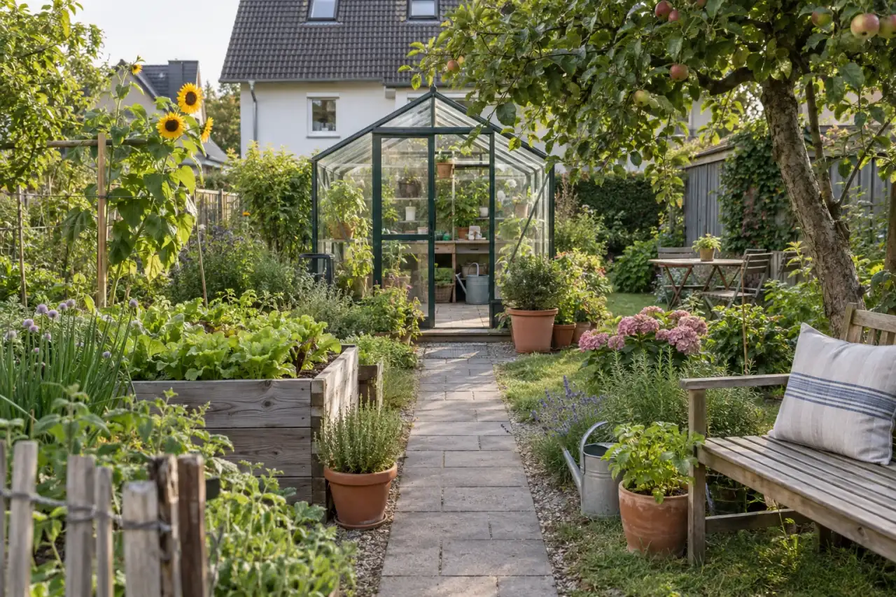 Klarer Gartenweg führt zur Gewächshaustür.