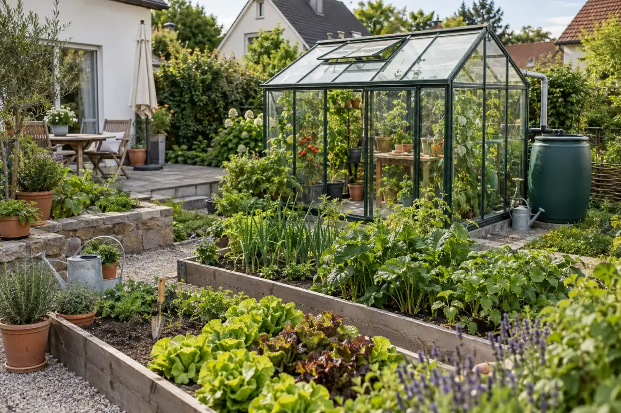 Gewächshaus neben Nutzbeeten mit klarer Gartenverbindung.
