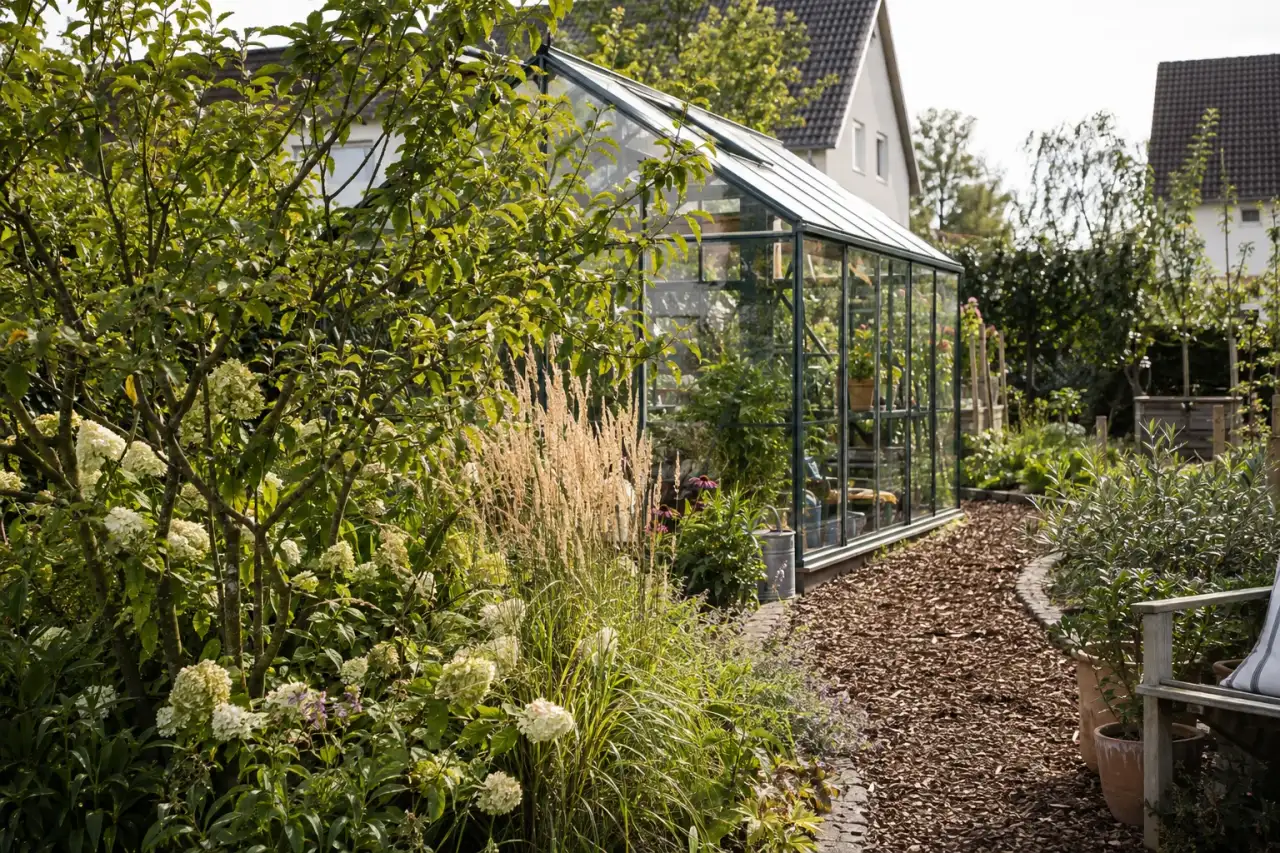 Naturnah eingebettetes Gewächshaus hinter Gräsern und Hecke.