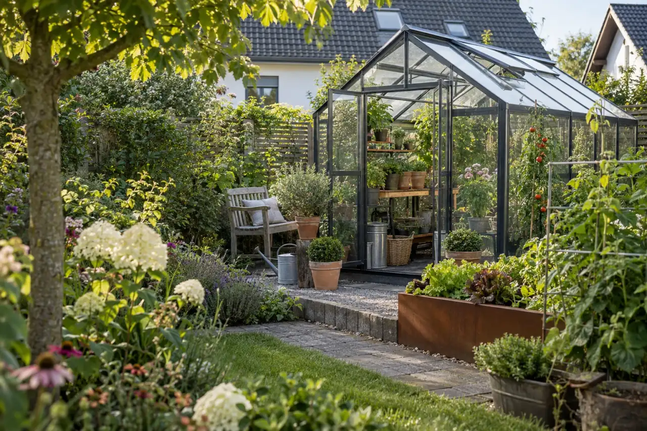Harmonisch eingebundenes Gewächshaus als kleines Gartenzimmer.