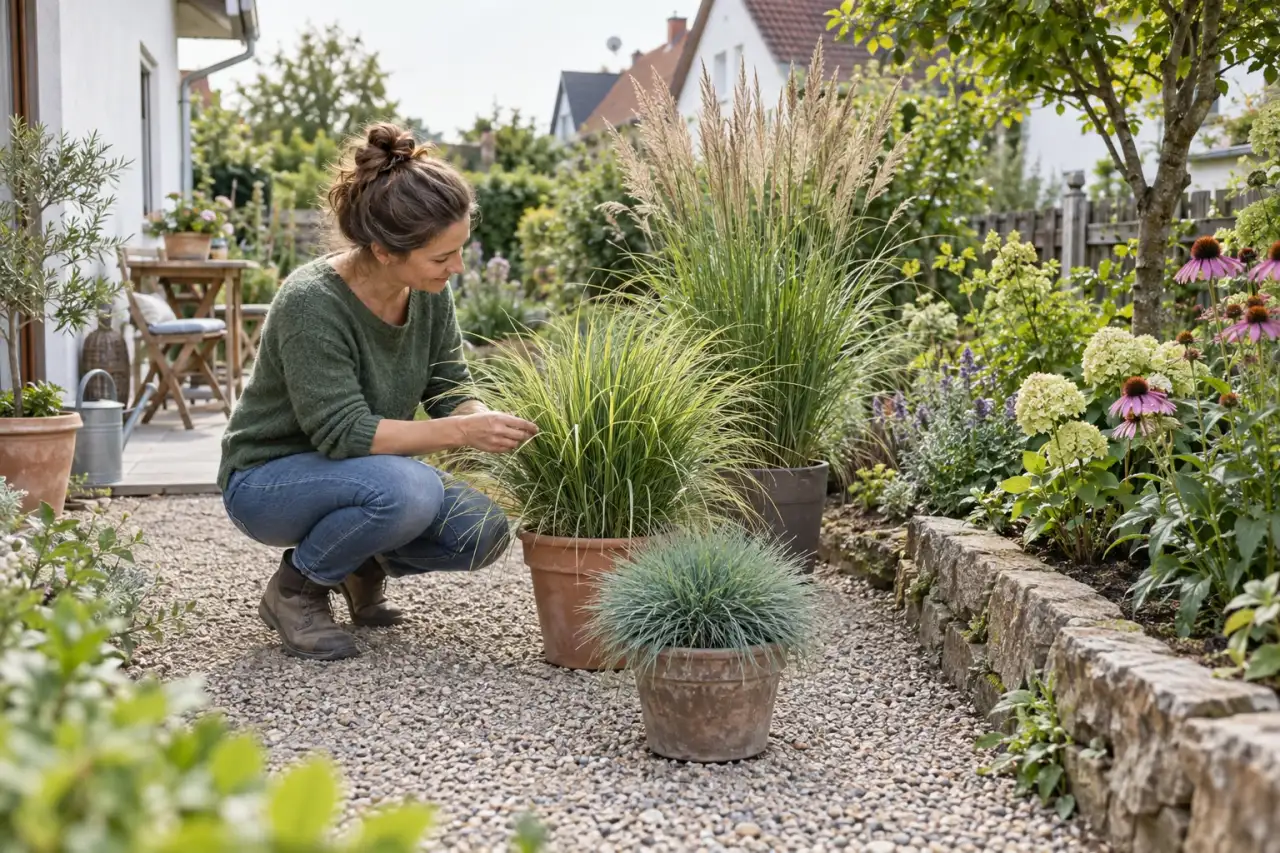 Drei Höhenebenen aus Gräsern und Begleitpflanzen werden im Garten verglichen.
