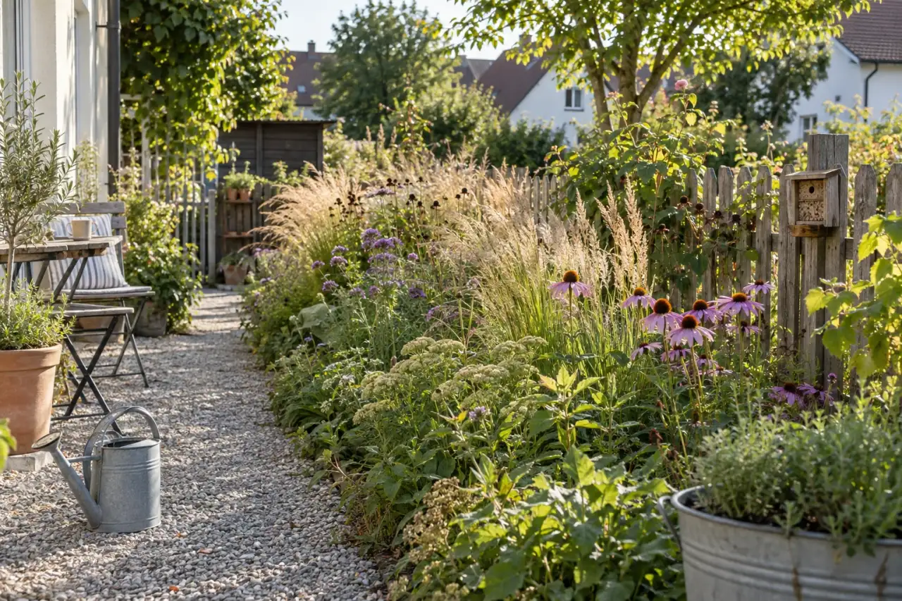 Lockere Gräsergruppen und Stauden bilden eine natürliche Gartenkante.