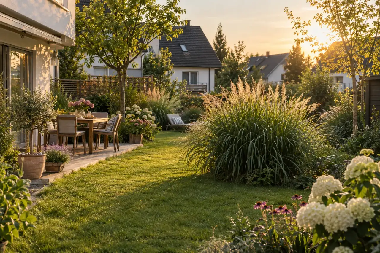Großzügiger Garten mit wiederholten hohen Grasgruppen.