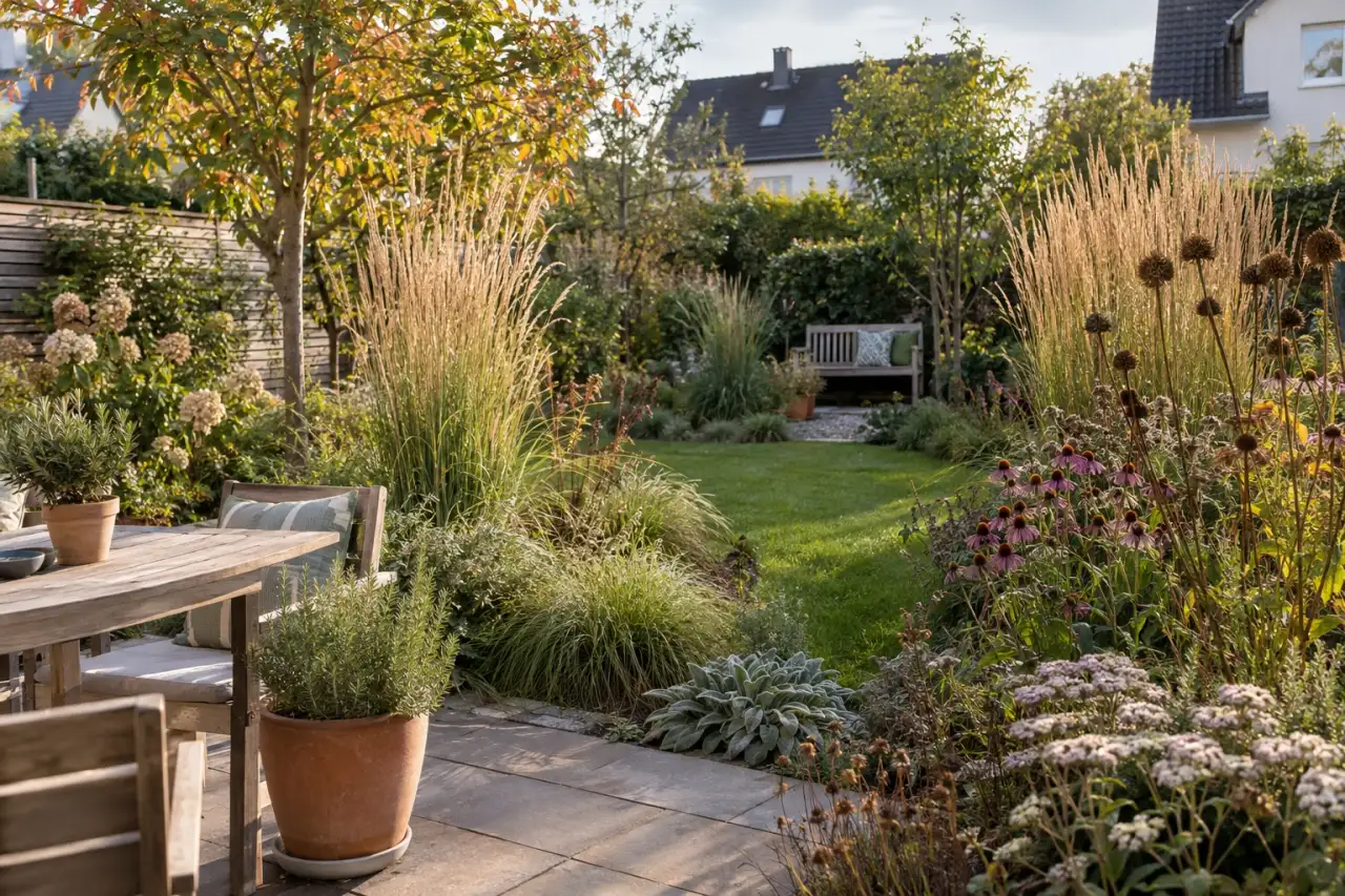 Ein Gartenbeet vereint Leitgras, Vorderkante, Wiederholung, Durchblick, Stauden und Winterstruktur.