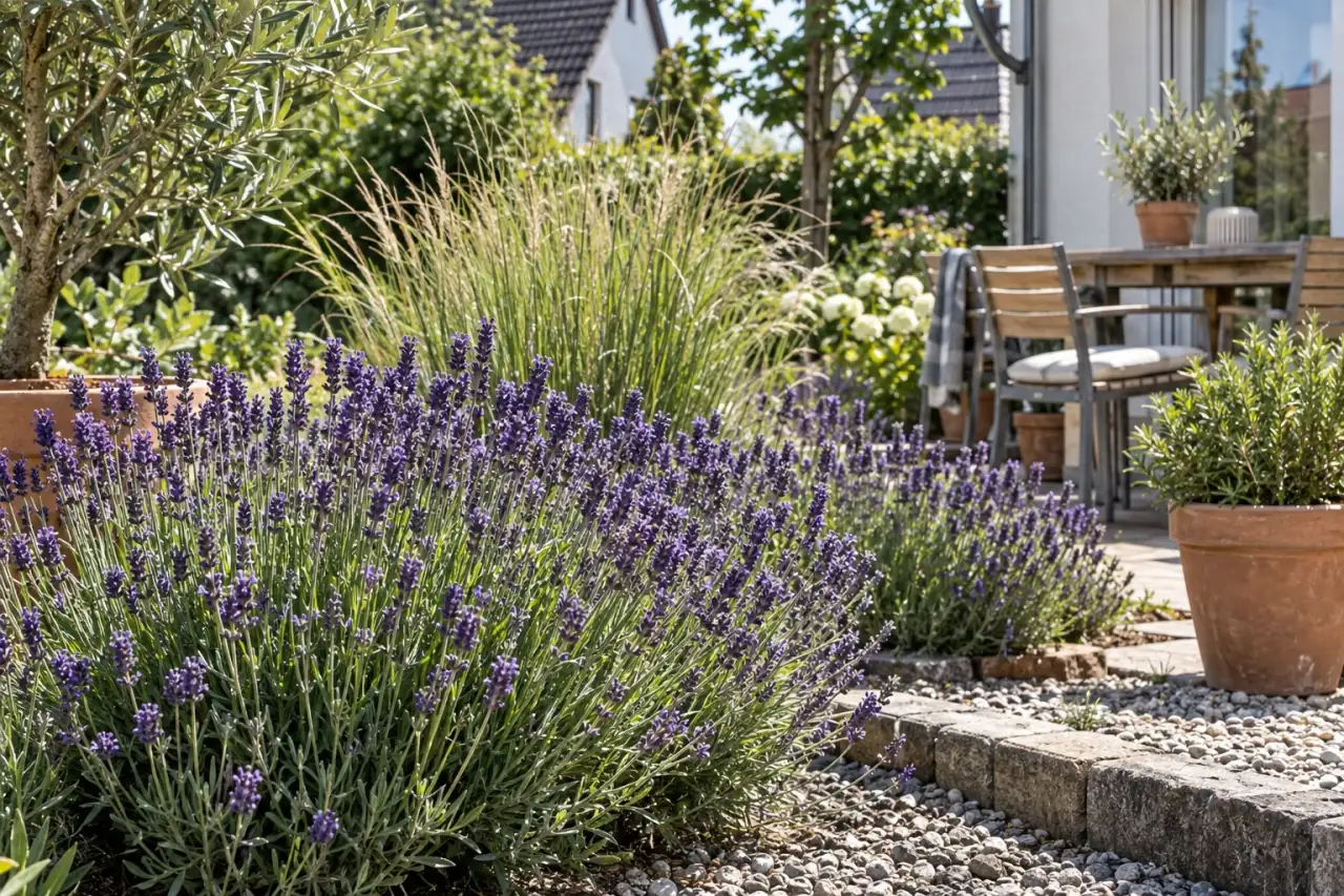Lavendel vor hohen Gräsern in einem sonnigen Kiesbeet.