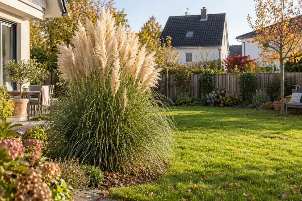 Pampasgras steht mit freier Fläche als Solitär im Garten.