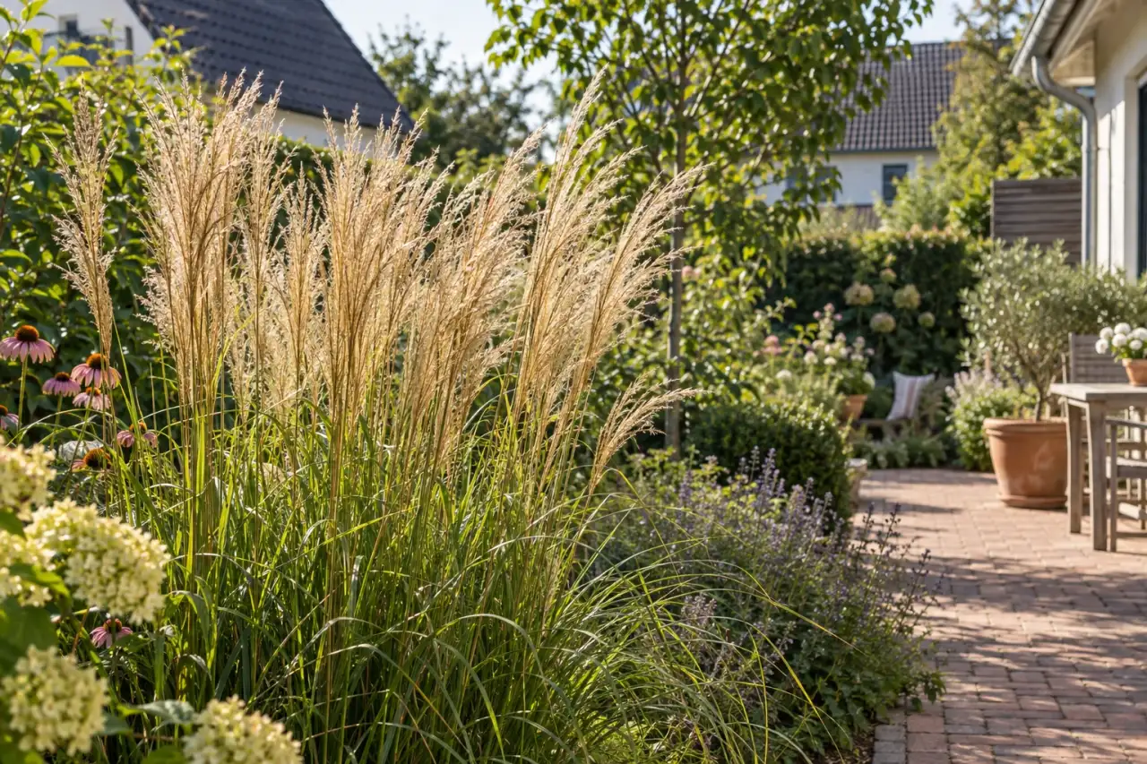 Aufrechtes Reitgras mit schmalen Halmen im sonnigen Beet.
