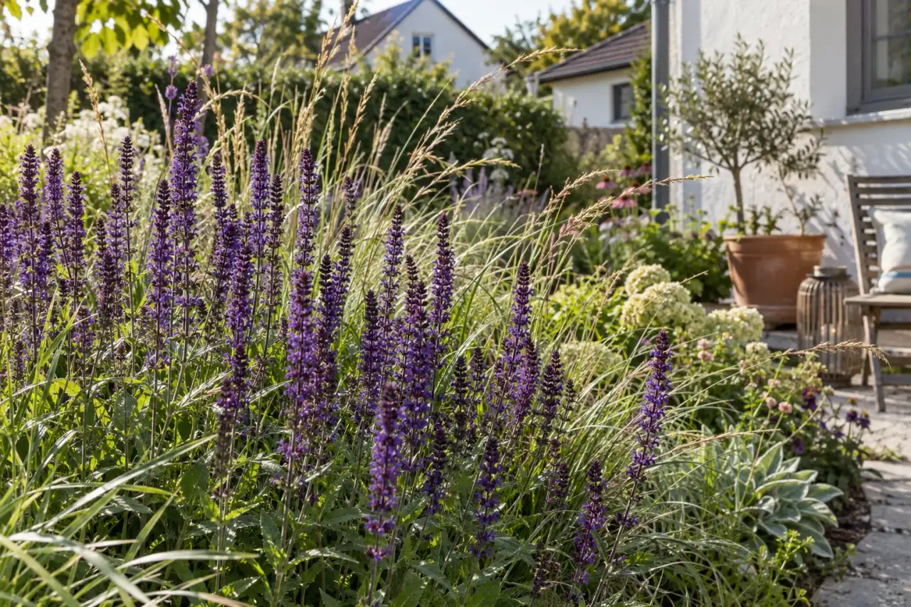 Violetter Wald-Salbei zwischen feinen Grashalmen.