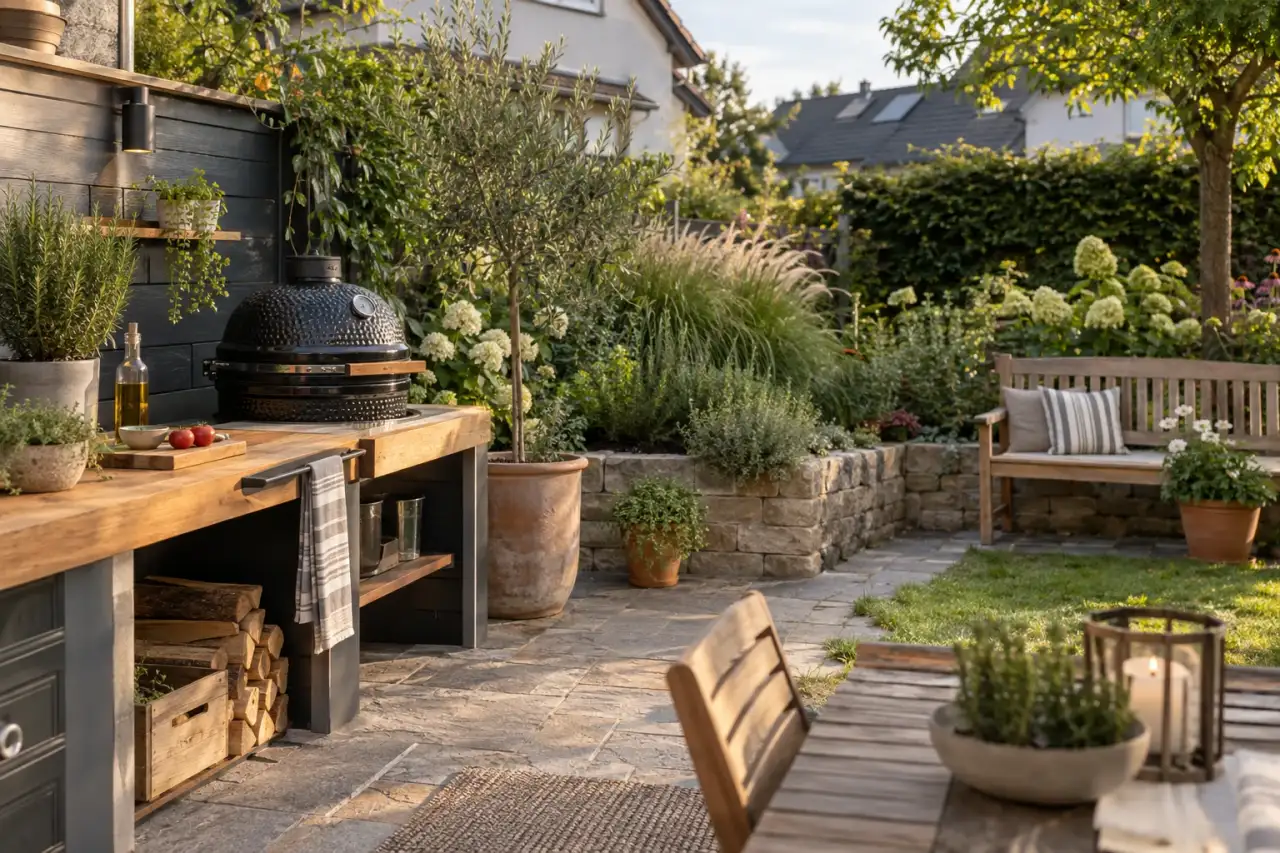 Grillplatz mit Holz, Naturstein, Kräutern und Gräsern im Garten.