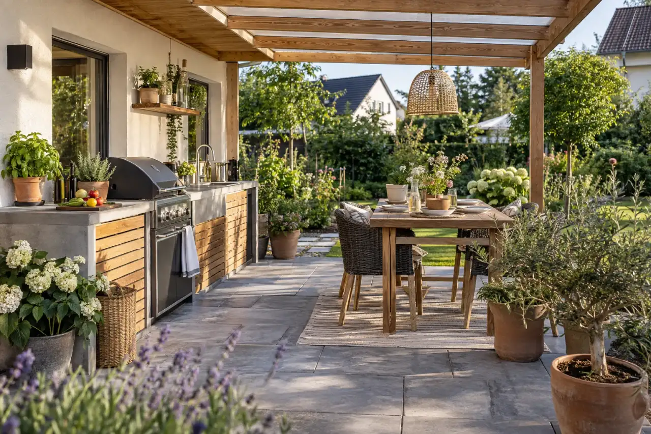 Geschützter Grillplatz mit kurzen Wegen und offenem Gartenblick.