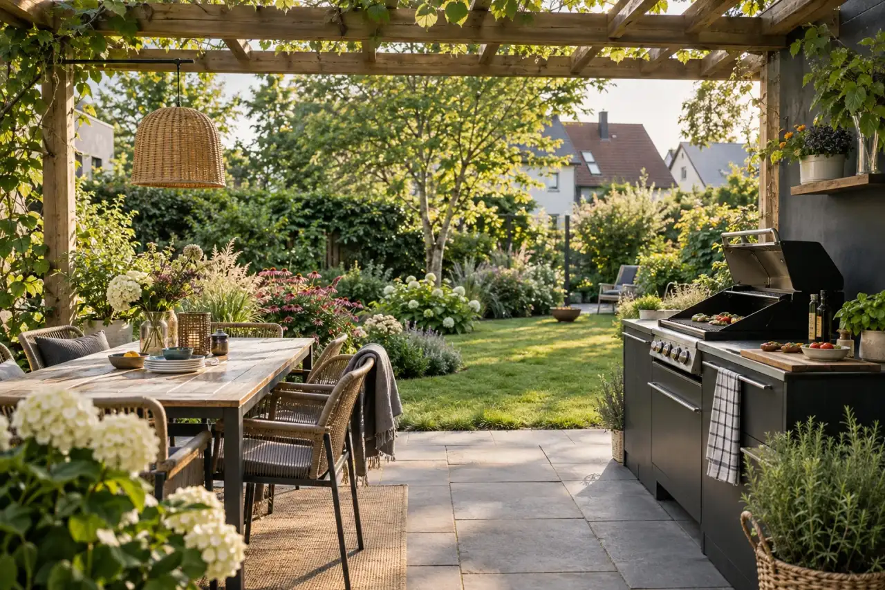 Offener Grill- und Essplatz mit Blick in den Garten.