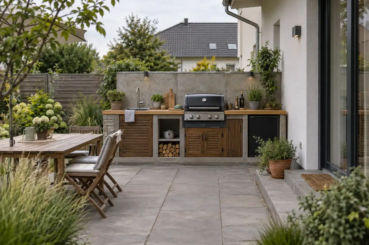 Ruhige Außenküche nahe Hauswand und Terrasse.