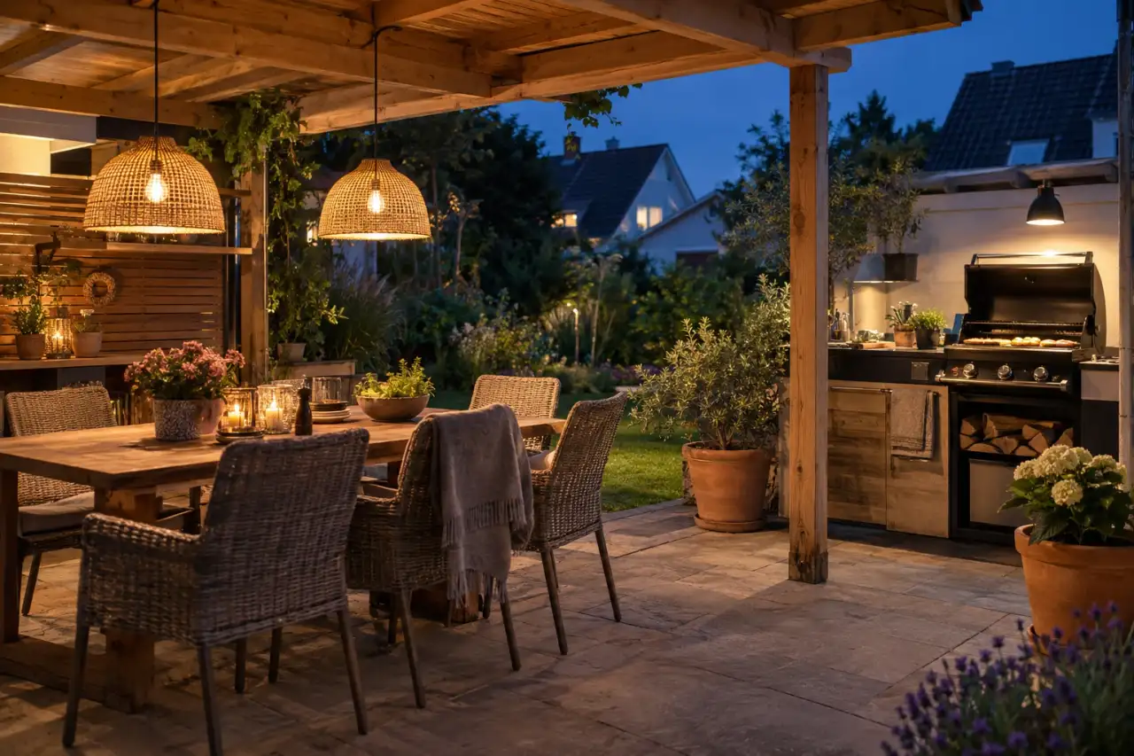 Grillplatz im warmen Abendlicht mit sichtbarer Kochzone.