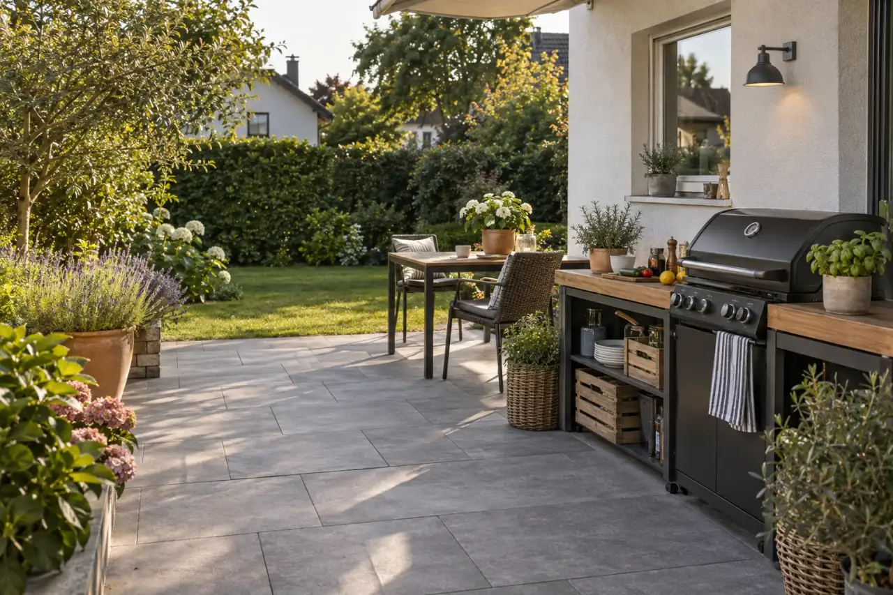Outdoor-Küche mit Grill, Arbeitsfläche und Essplatz auf einer ruhigen Terrasse.