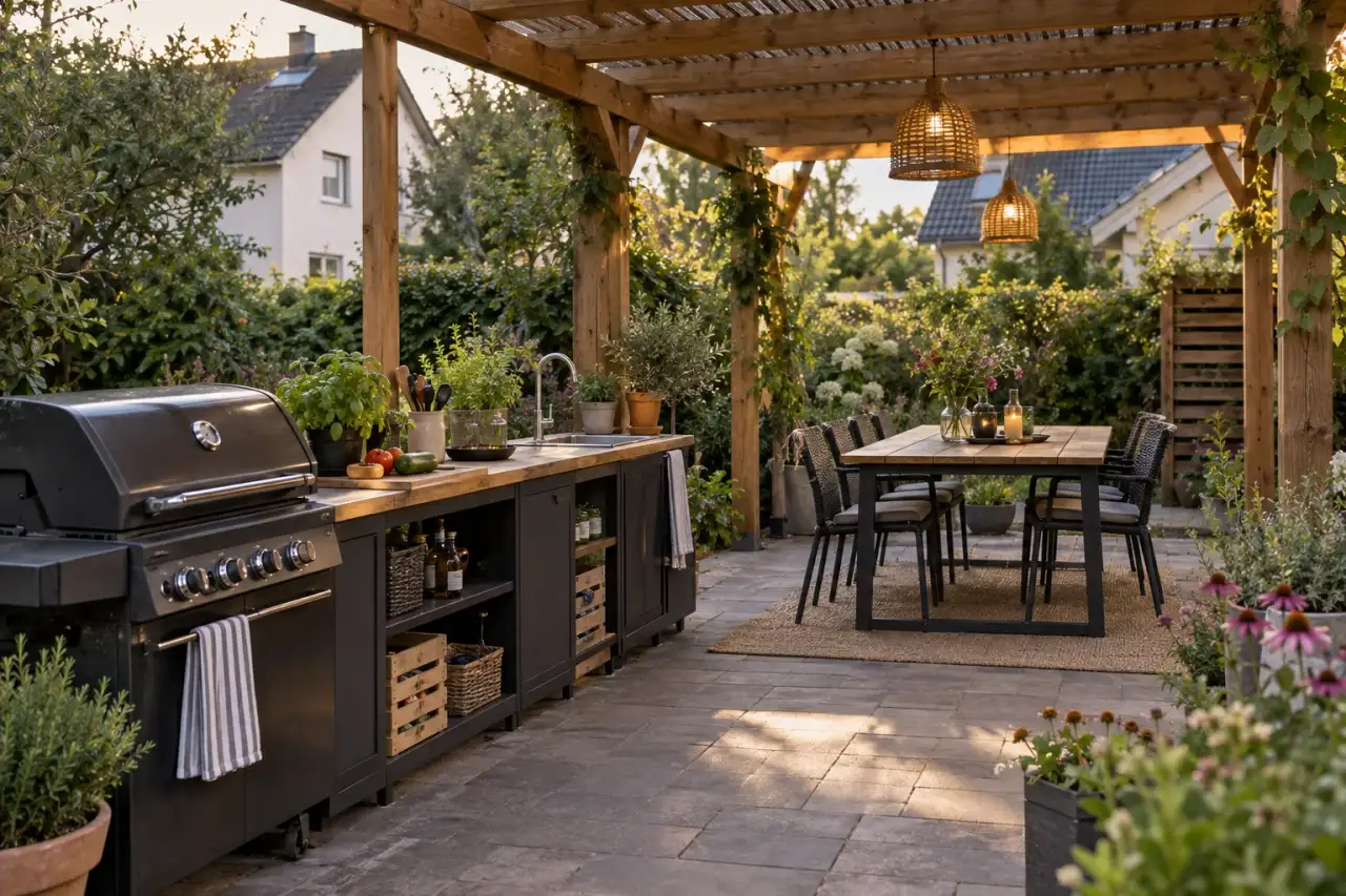 Eine Gartenszene mit Grill, Arbeitsfläche, Stauraum, Spüle, Essplatz und Dach.