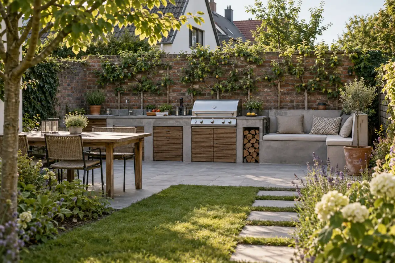 Fest eingebaute Gartenküche mit Mauer, Obstbäumen und Sitzbank.