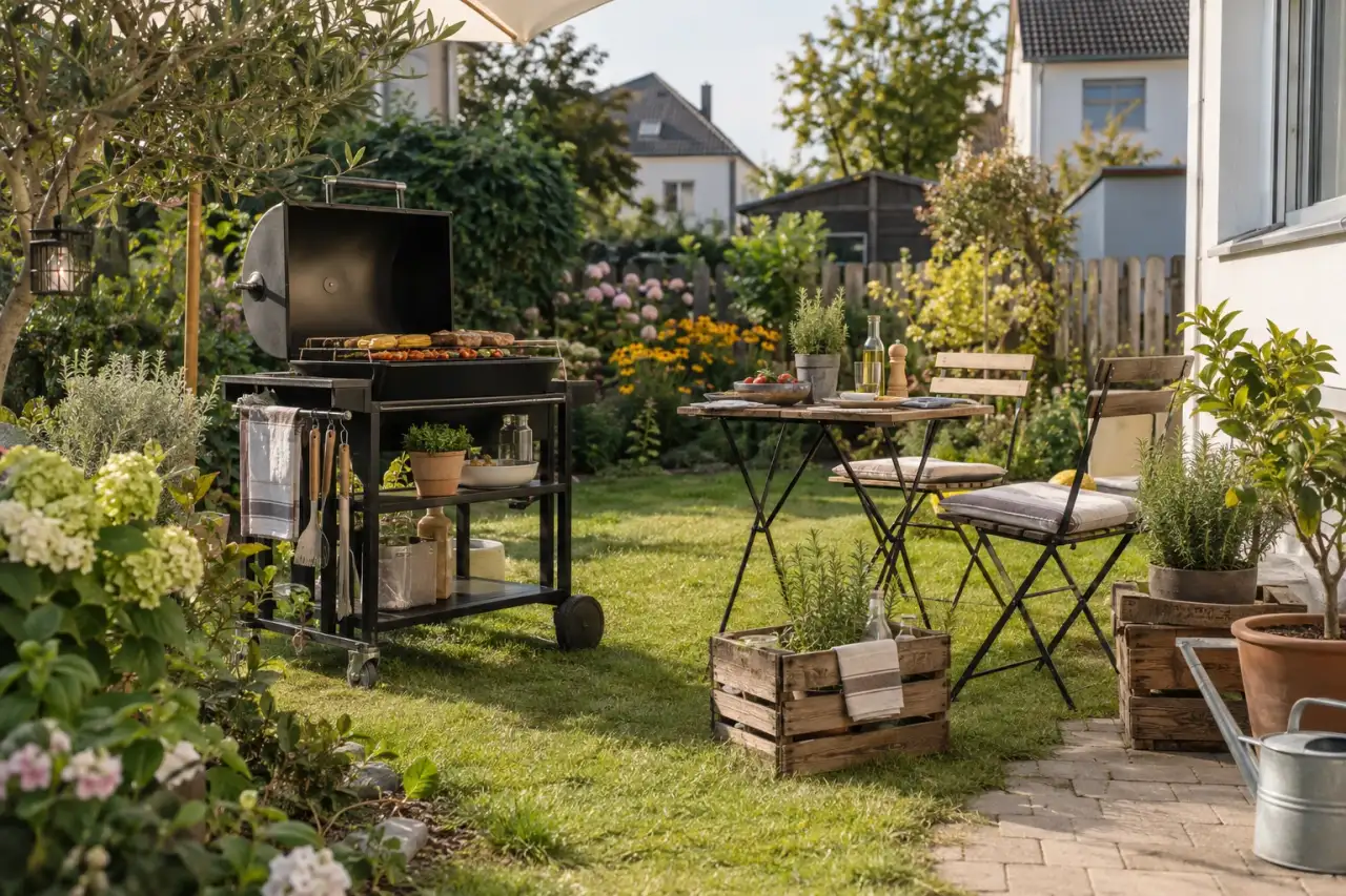 Mobiler Grillwagen in einem kleinen Mietgarten mit Kräutertöpfen.