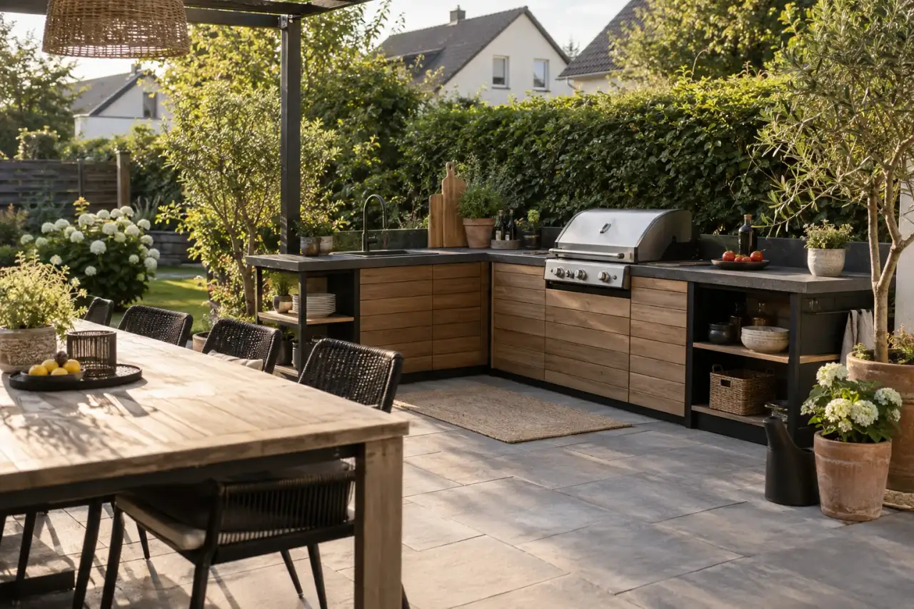 Modulare L-Küche neben einer Hecke mit langem Esstisch.