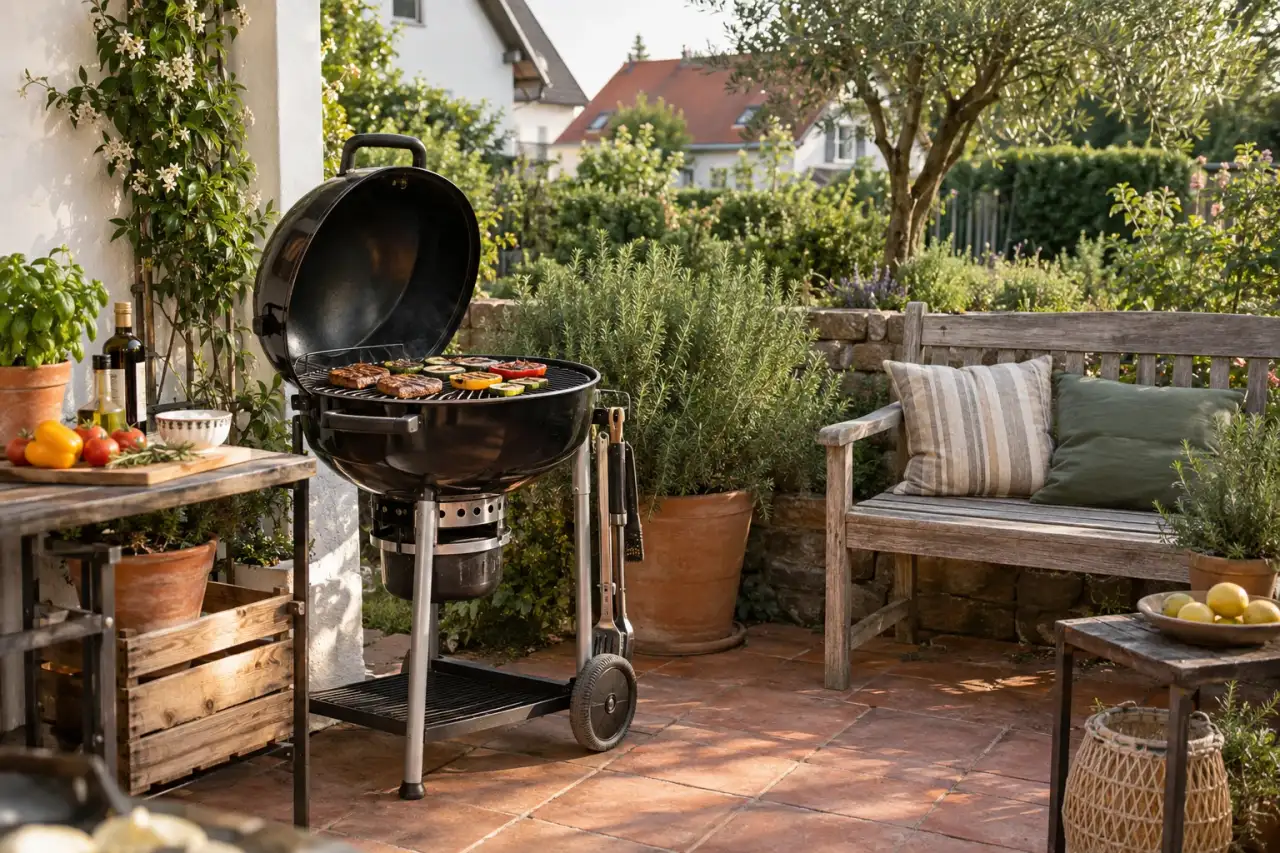 Mobiler Grill neben Terrakotta, Eichenbank und Rosmarin.