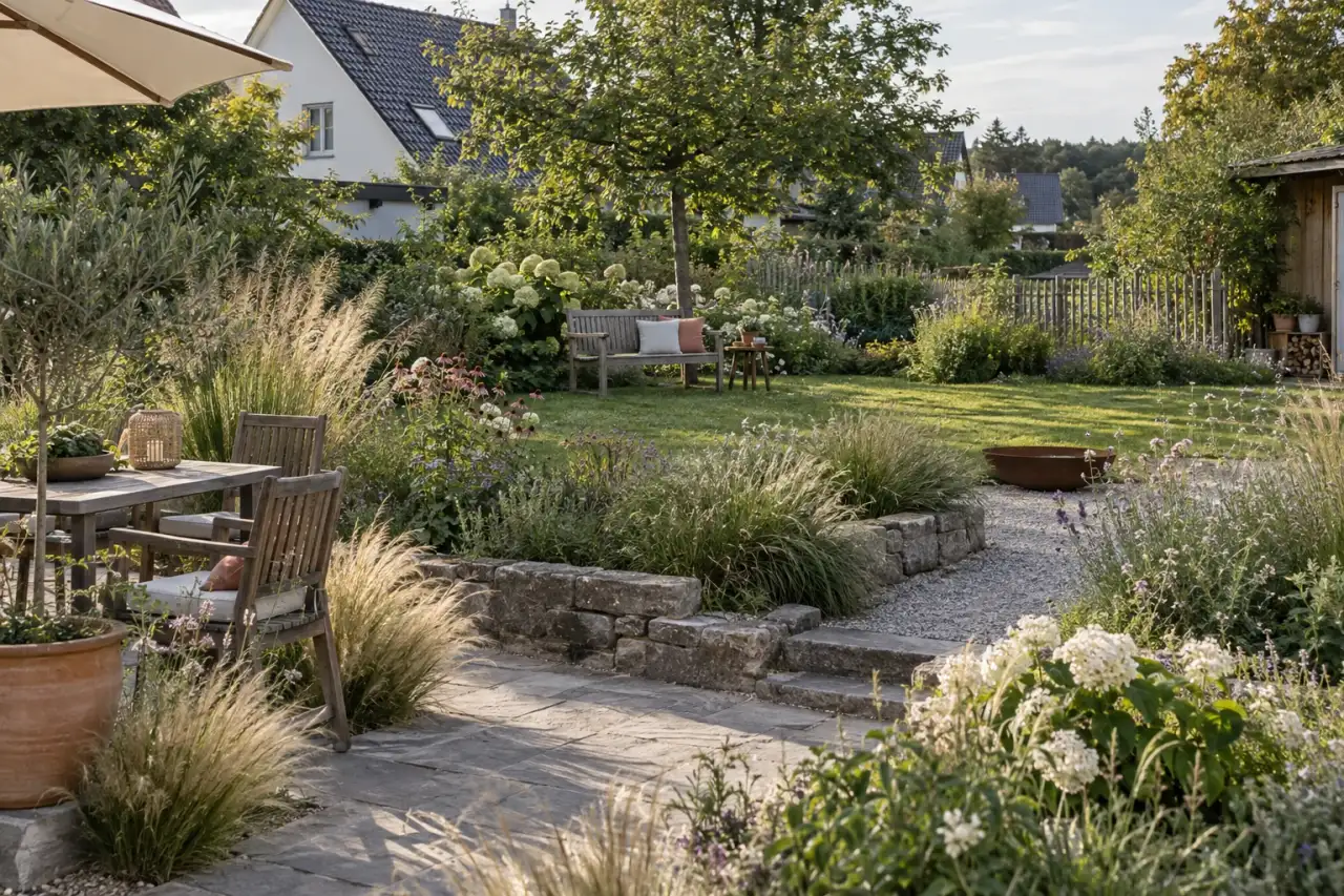 Wiederholte Gräser, Stauden, Holz und Kies verbinden die Gartenbereiche.