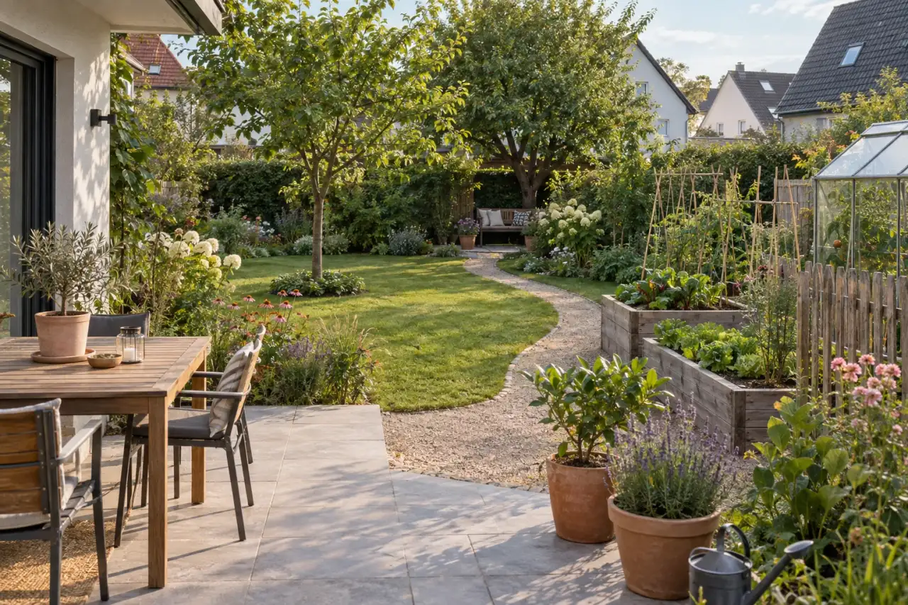 Ein verbindender Weg erschließt Terrasse, Rasen, Nutzgarten und Rückzugsort.