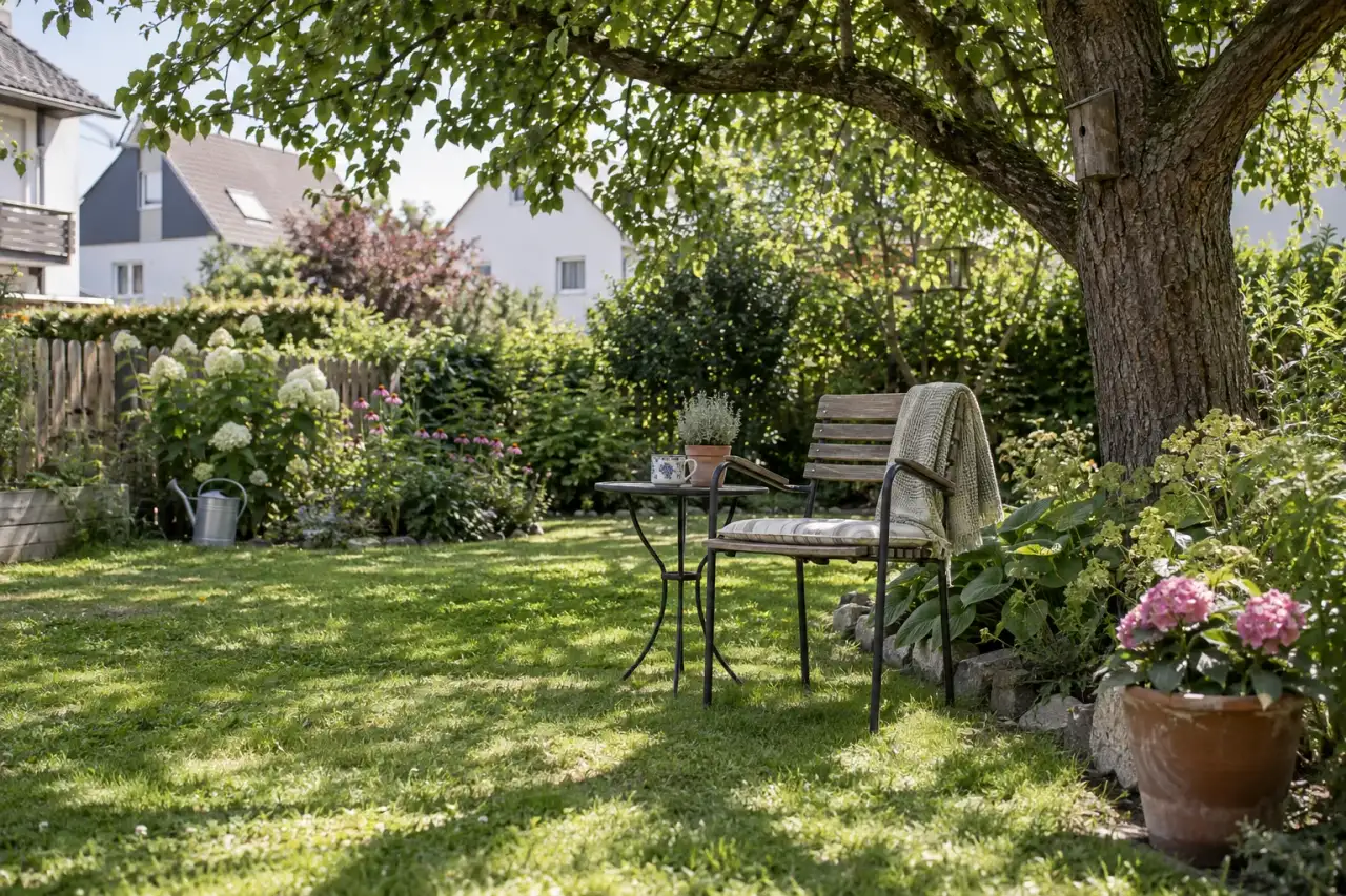 Ein sonniger Lichtfleck unter einem Baum mit einfachem Gartenstuhl.