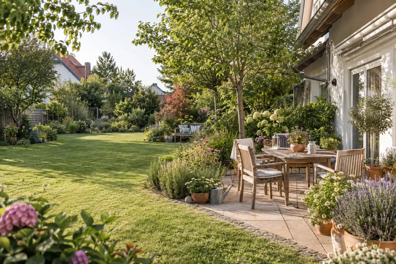 Großer Hausgarten mit Terrasse, Rasenraum und bepflanzten Gartenbereichen.
