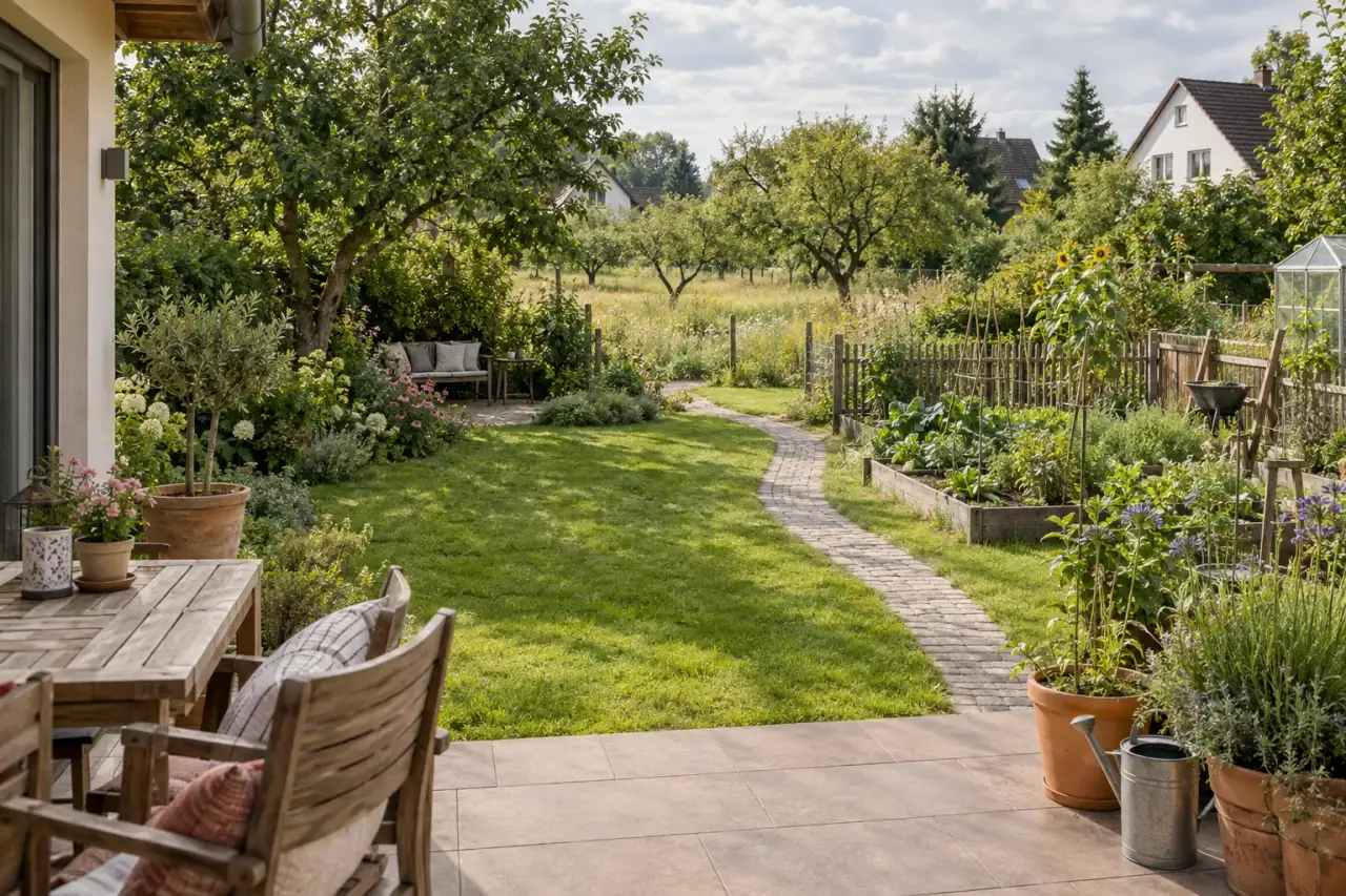 Eine Gartenszene zeigt Terrasse, Weg, Wiese, Nutzgarten, Rückzugsplatz und Naturzone.