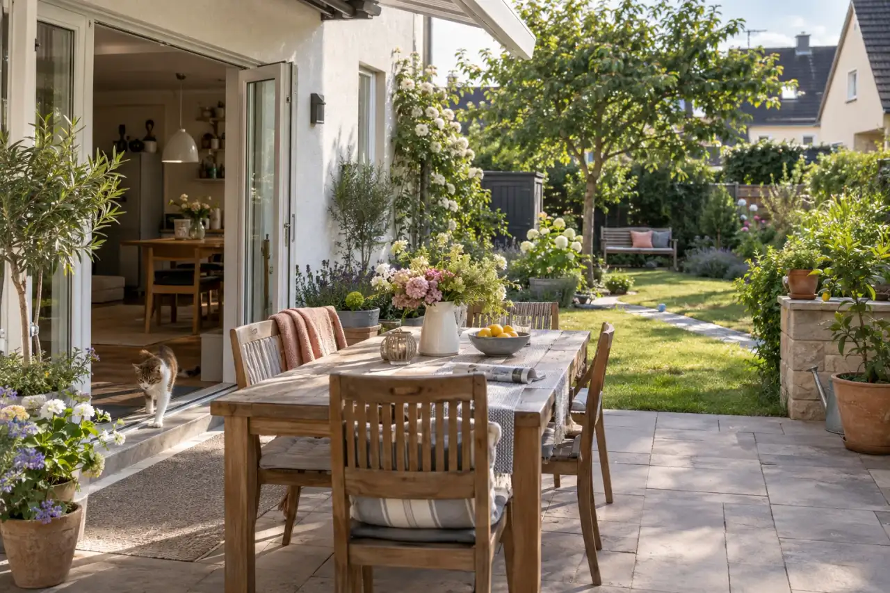 Terrasse am Haus mit sichtbarer Verbindung zu Weg, Rasen und Beet.