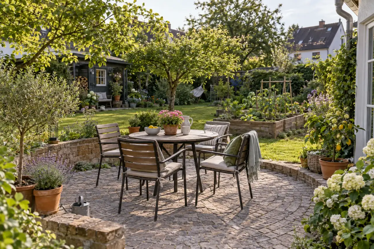 Runder Treffpunkt verteilt den Blick auf mehrere Gartenbereiche.