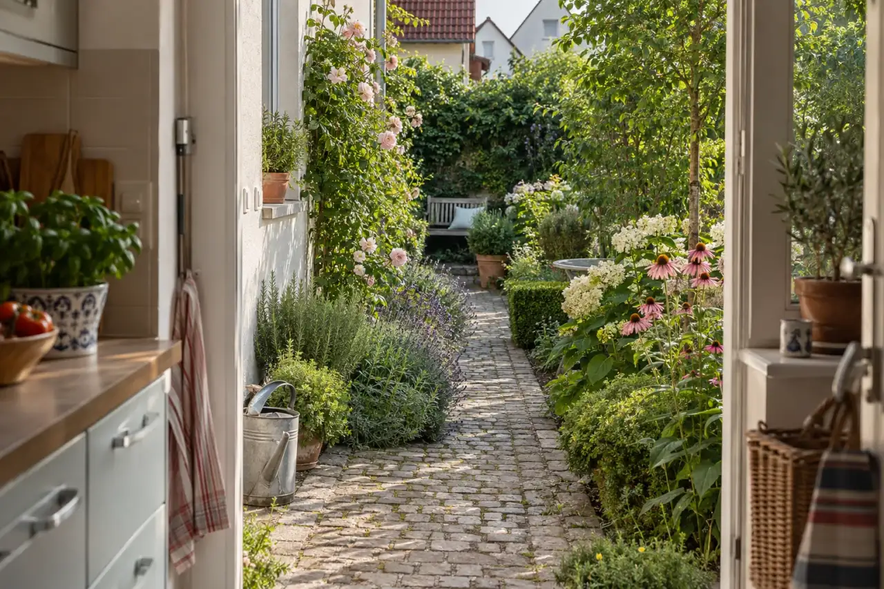 Seitlicher Gartenweg führt von der Küche zu einem verborgenen Rückzugsplatz.