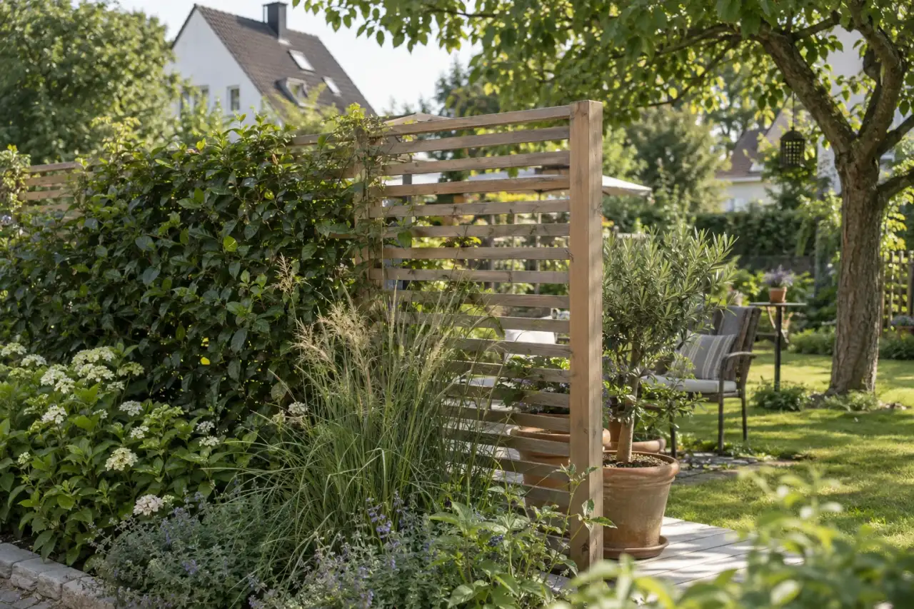 Durchlässige Holzstruktur und niedrige Hecke schützen einen Sitzplatz.