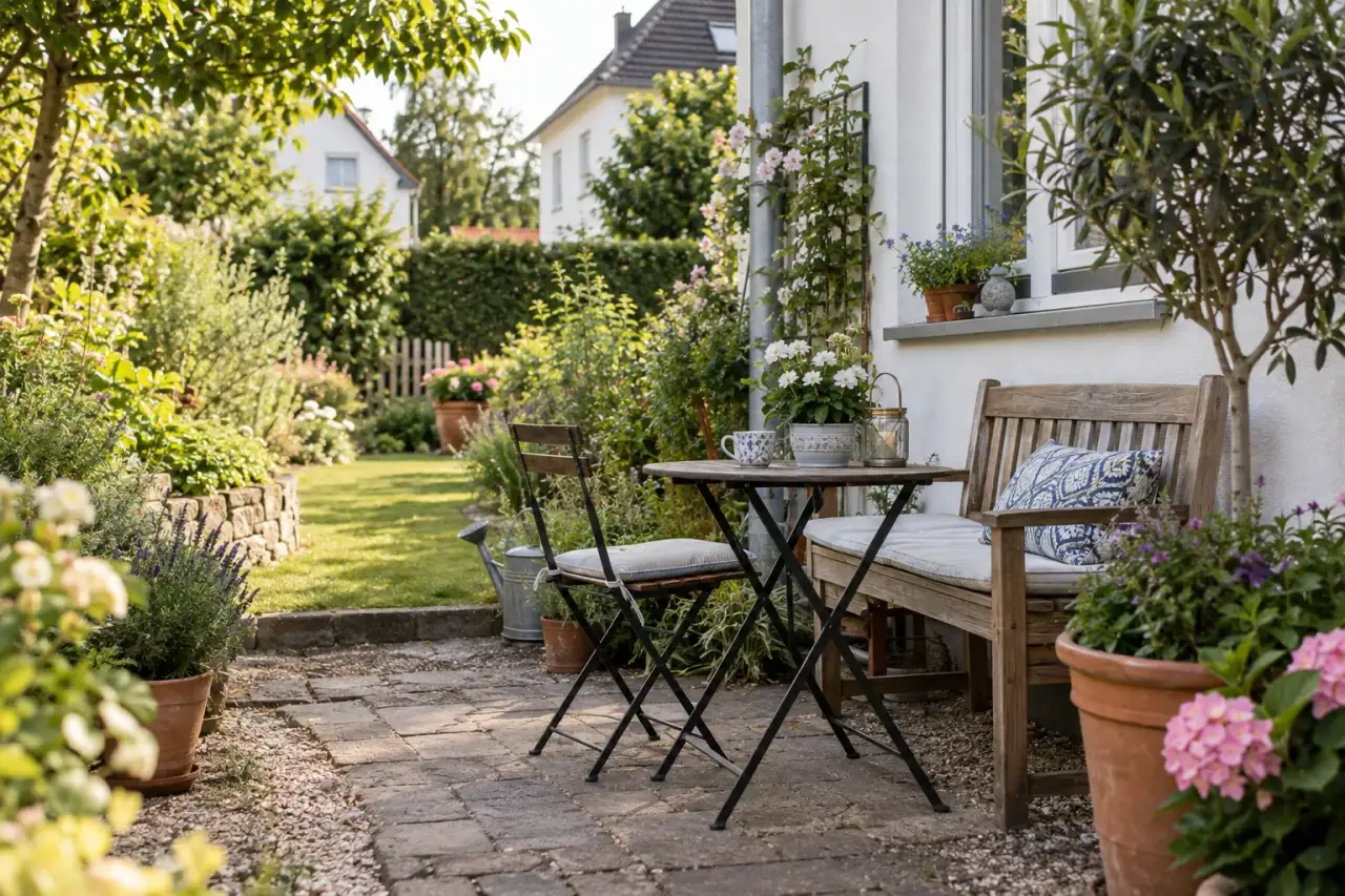 Schlichte Holzmöbel machen einen Gartenweg wohnlich.