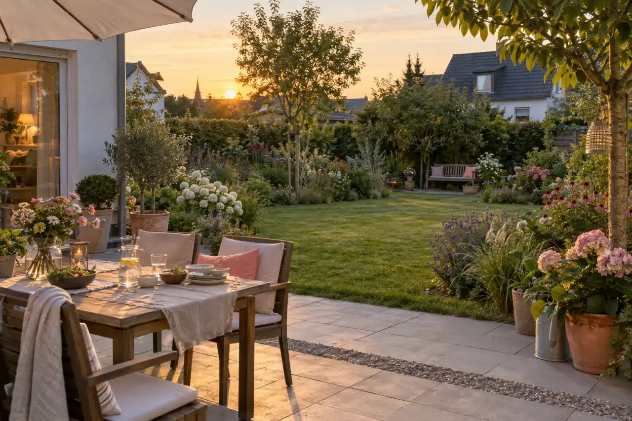 Zusammenhängender großer Garten mit Terrasse, Weg, Rasen, Beet und Rückzugsort.
