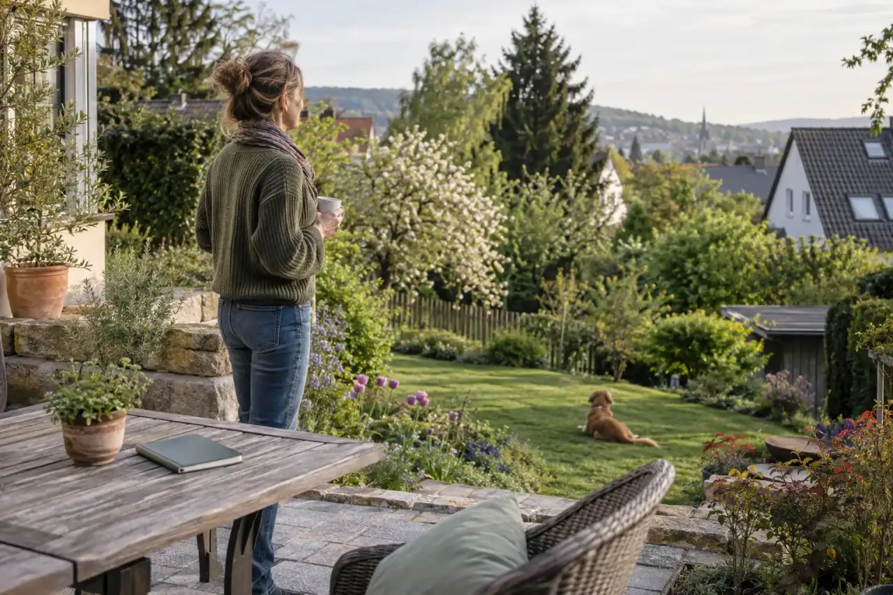 Person betrachtet vom oberen Sitzplatz die Gartenebenen.