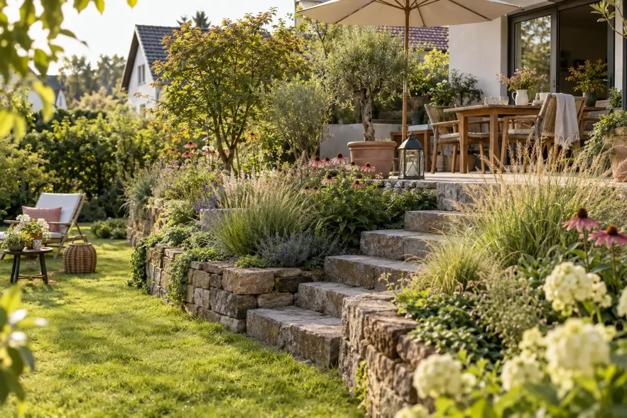 Verbundene Gartenräume mit Treppe, Beet und Rasen.