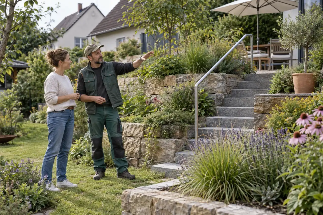 Gartenbesitzer bespricht sichere Übergänge am Hang mit Fachperson.