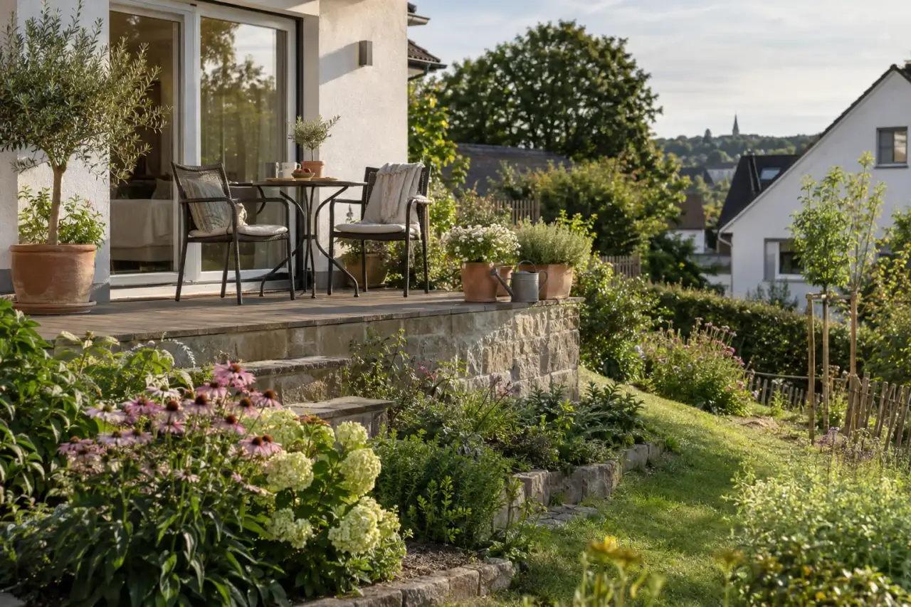 Kleine erhöhte Terrasse am Haus mit Blick über den Hang.